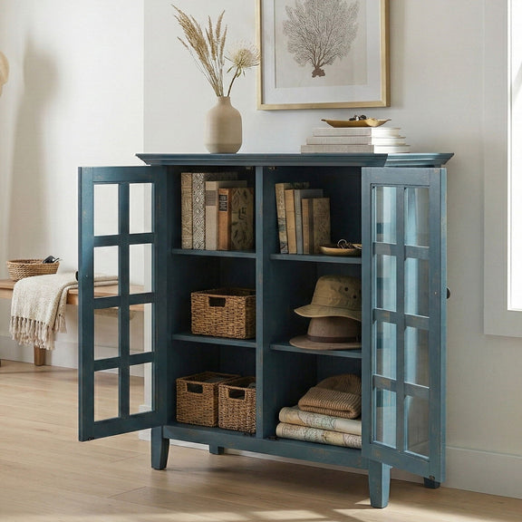 Blue medium storage cabinet with open glass-pane doors and cubby storage