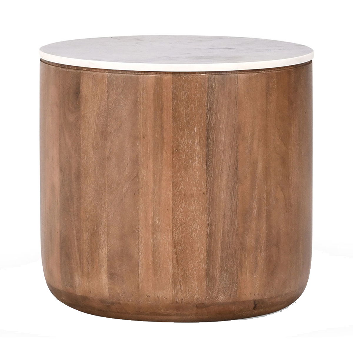 Round table with white marble-look top and umber wood body, full view.