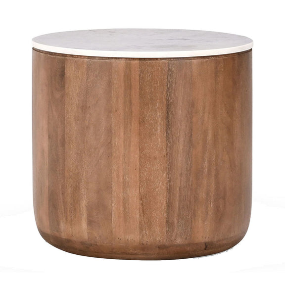 Round table with white marble-look top and umber wood body, full view.