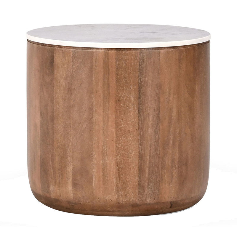 Round table with white marble-look top and umber wood body, full view.