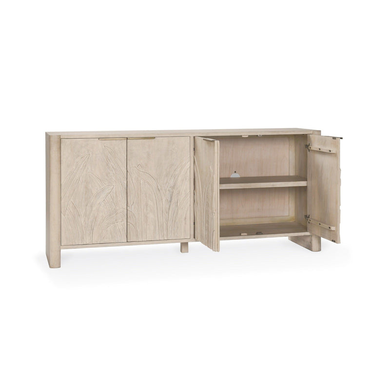 White wash wood 4-door buffet cabinet with one door open, revealing interior shelves