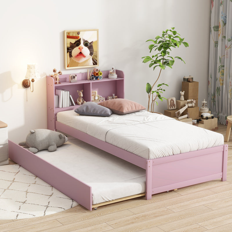 Twin Bed with Trundle, Bookcase, Pink