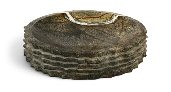 Caesar genuine marble bowl in dark green with white veining and stacked rim layers