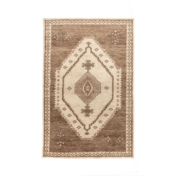 Luxor hand-knotted rug, cream and desert-brown geometric medallion with border