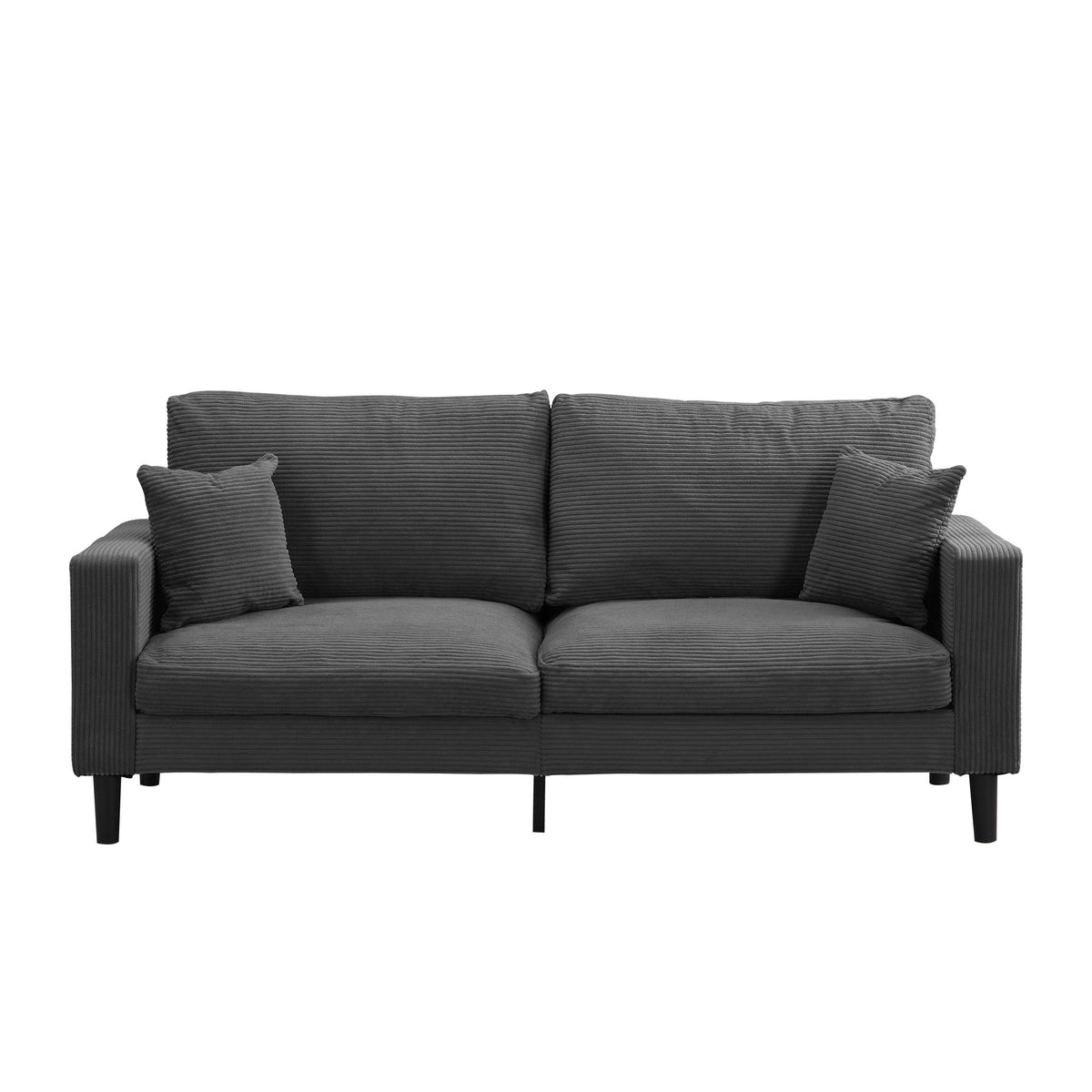 Three-seater upholstered sofa, dark gray fabric with three seat cushions and bolster pillows