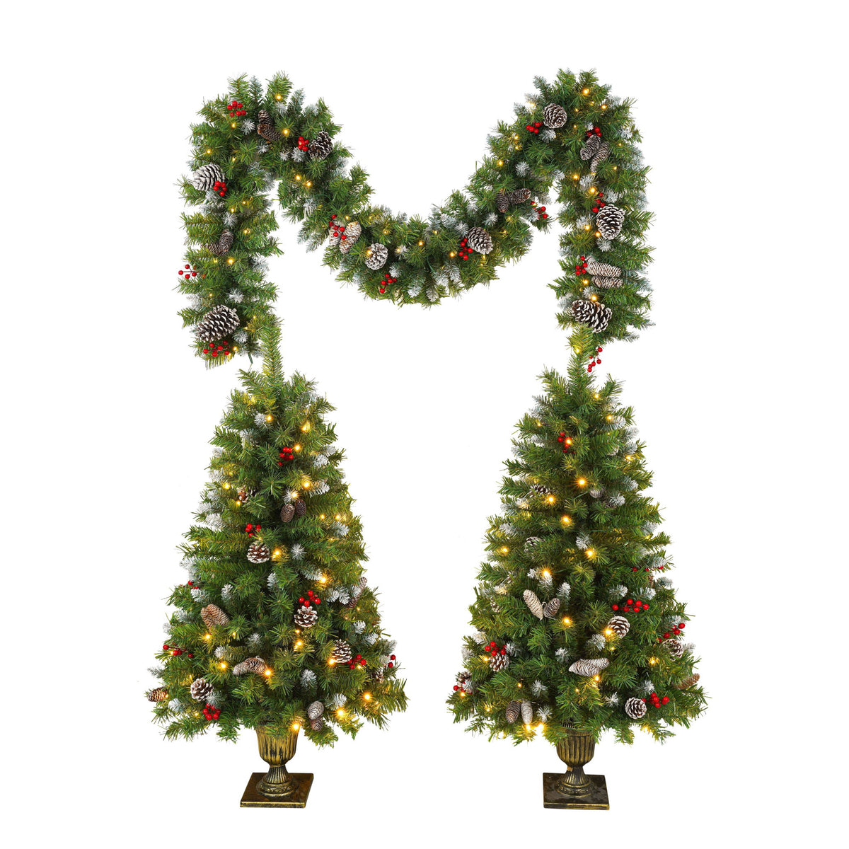 Three-piece artificial Christmas set with two lit entrance trees and a decorated garland