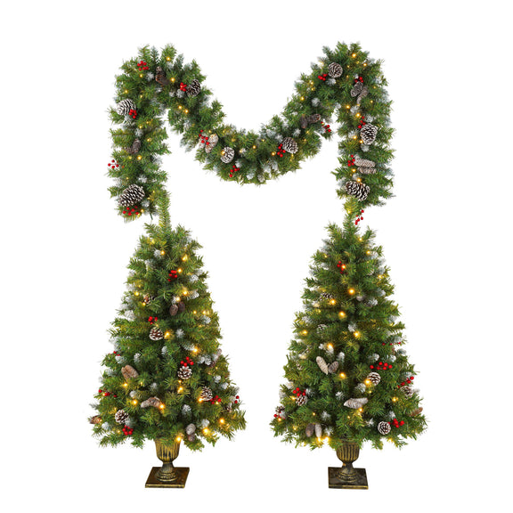 Three-piece artificial Christmas set with two lit entrance trees and a decorated garland