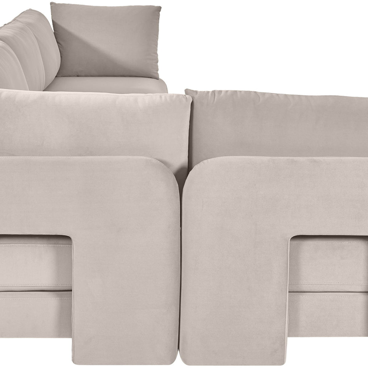 Light gray velvet sectional sofa with chaise and two cushioned arm panels
