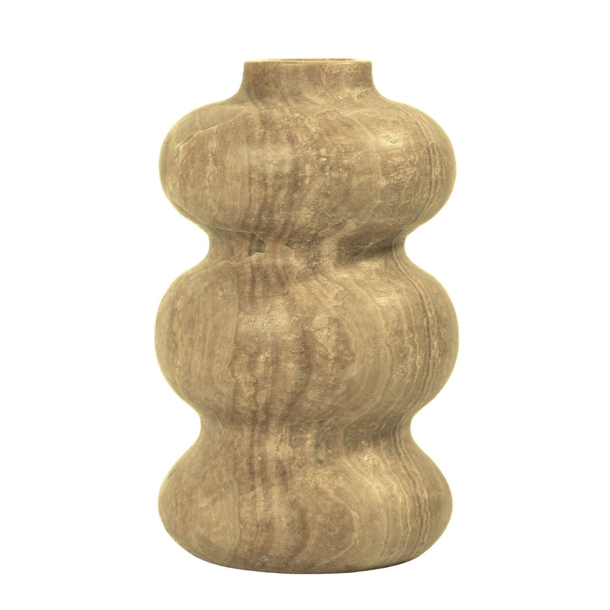 Marble-look swell vase in dark-gold with wavy bulb shapes and flat top opening