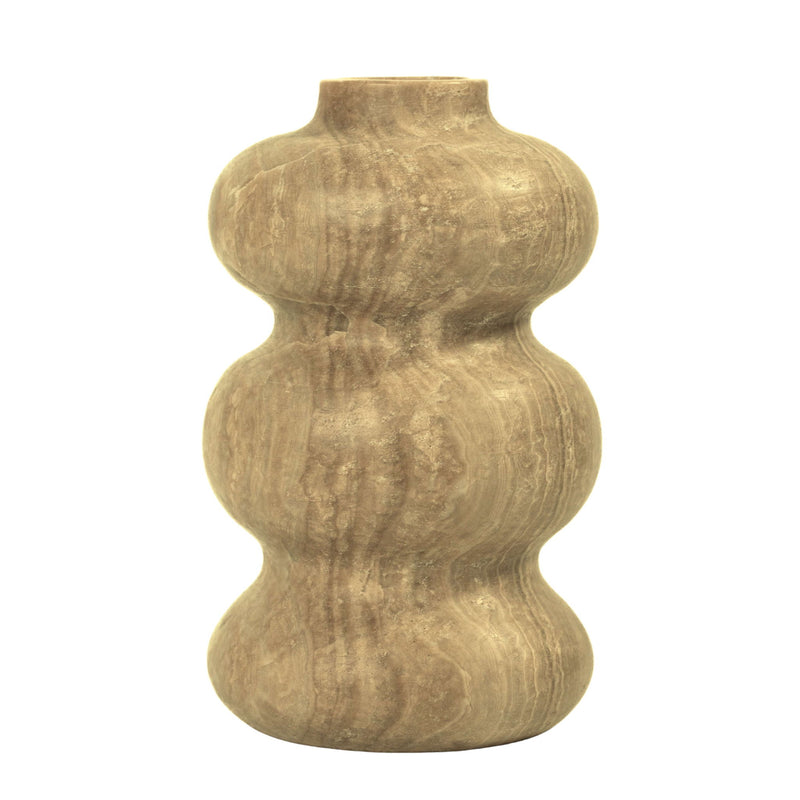 Marble-look swell vase in dark-gold with wavy bulb shapes and flat top opening