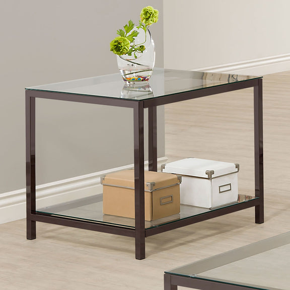 Side end table with clear glass top and bottom shelf, dark frame and straight legs.
