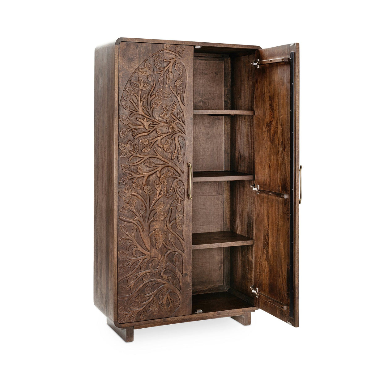 Kona brown tall cabinet open, showing interior shelves and metal door hardware