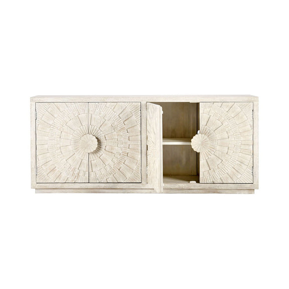 Cream sideboard with two doors open, showing interior shelves and medallion pulls