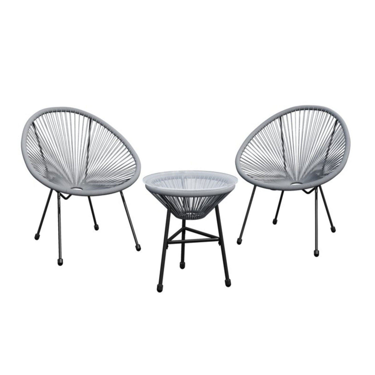 3-piece patio bistro set with gray woven rope chairs and round mesh-top coffee table