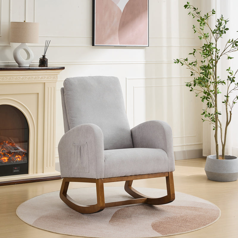 27.2'W Rocking Chair for Nursery, Polyester Glider Chair with High Back and Side Pocket, Rocking Accent Armchair with Rubber Wood Legs for Living Room/Bedroom, Light Gray