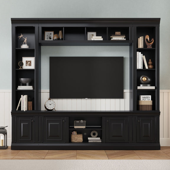 Black entertainment center with hutch, open shelves on both sides, and lower storage cabinets