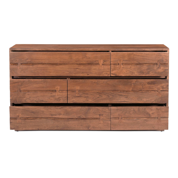 Brown wooden dresser with five drawer fronts and rectangular drawer pulls