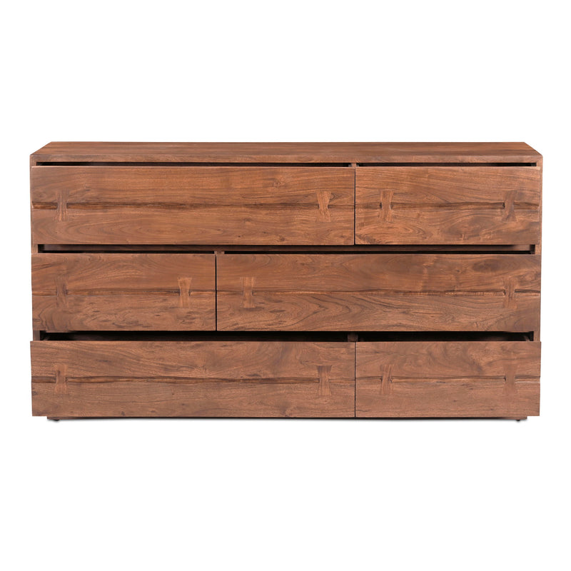 Brown wooden dresser with five drawer fronts and rectangular drawer pulls