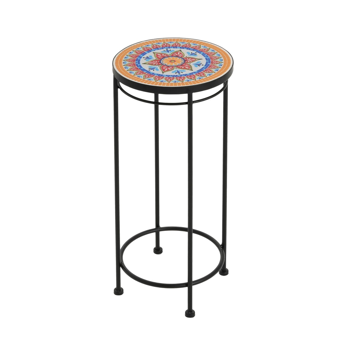 Black metal plant stand with round mosaic tabletop and three-legged base