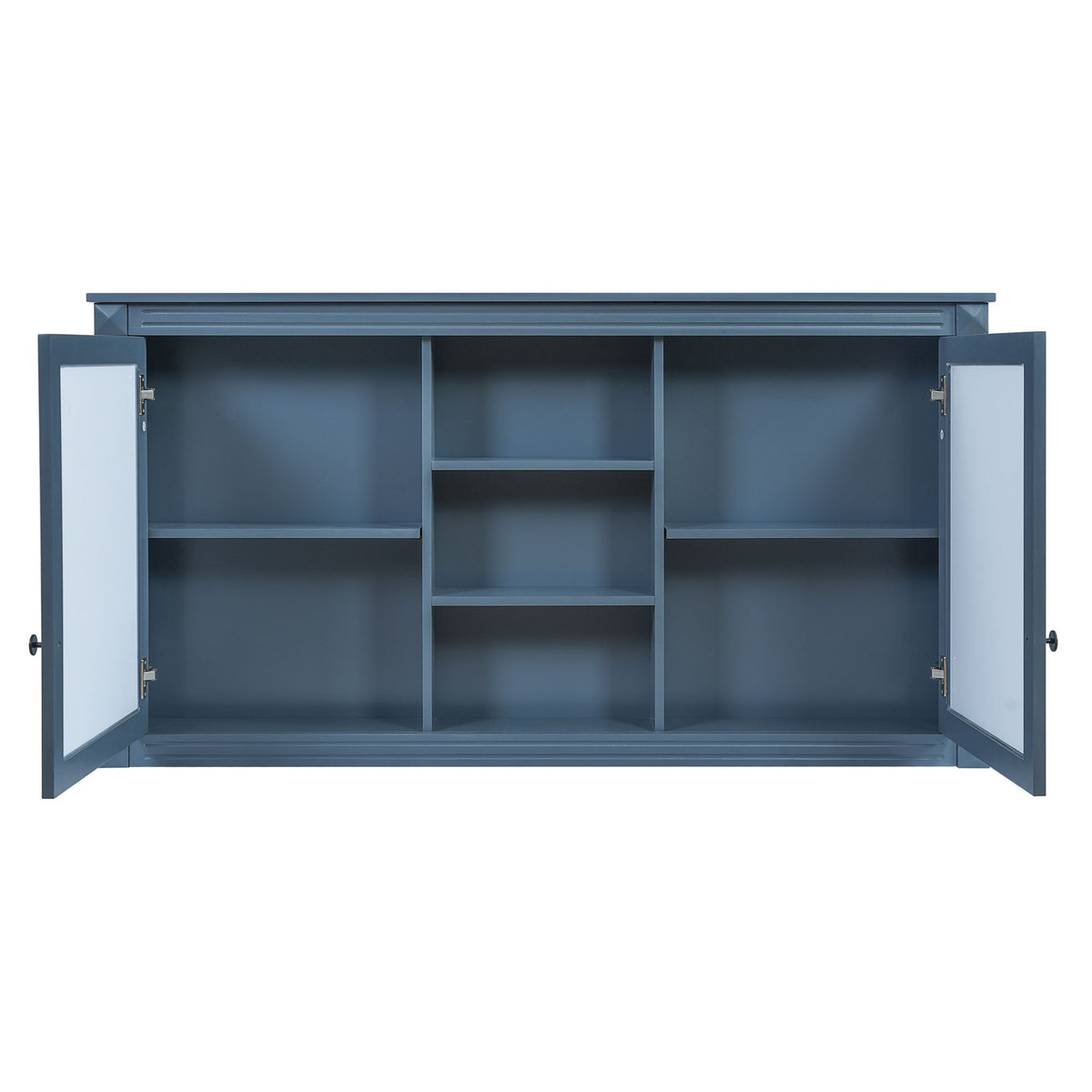 Blue wall-mount mirror cabinet with adjustable shelving, doors open to storage.
