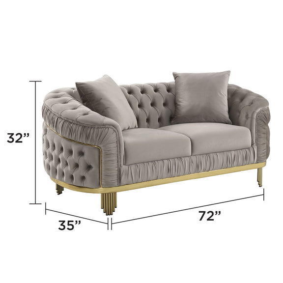 Gray tufted loveseat, 72 in wide, 32 in high; gold legs and accent trim