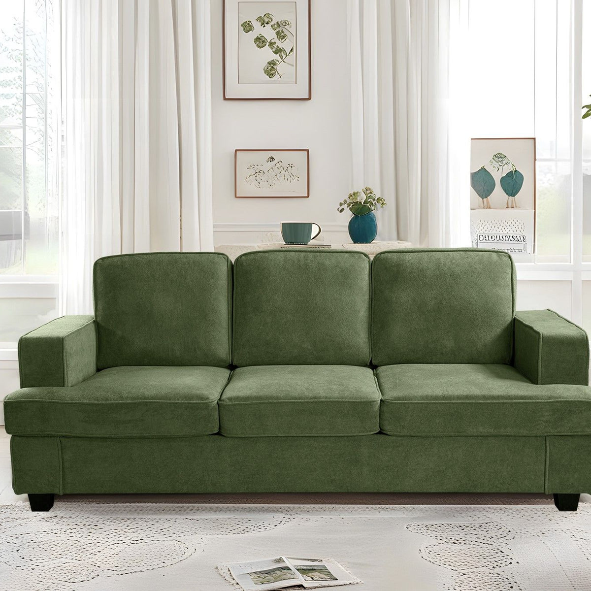 Modern Sofa, Comfortable 3 Seater Couch With Deep Seating, Loose Back Cushions, Wide Arms