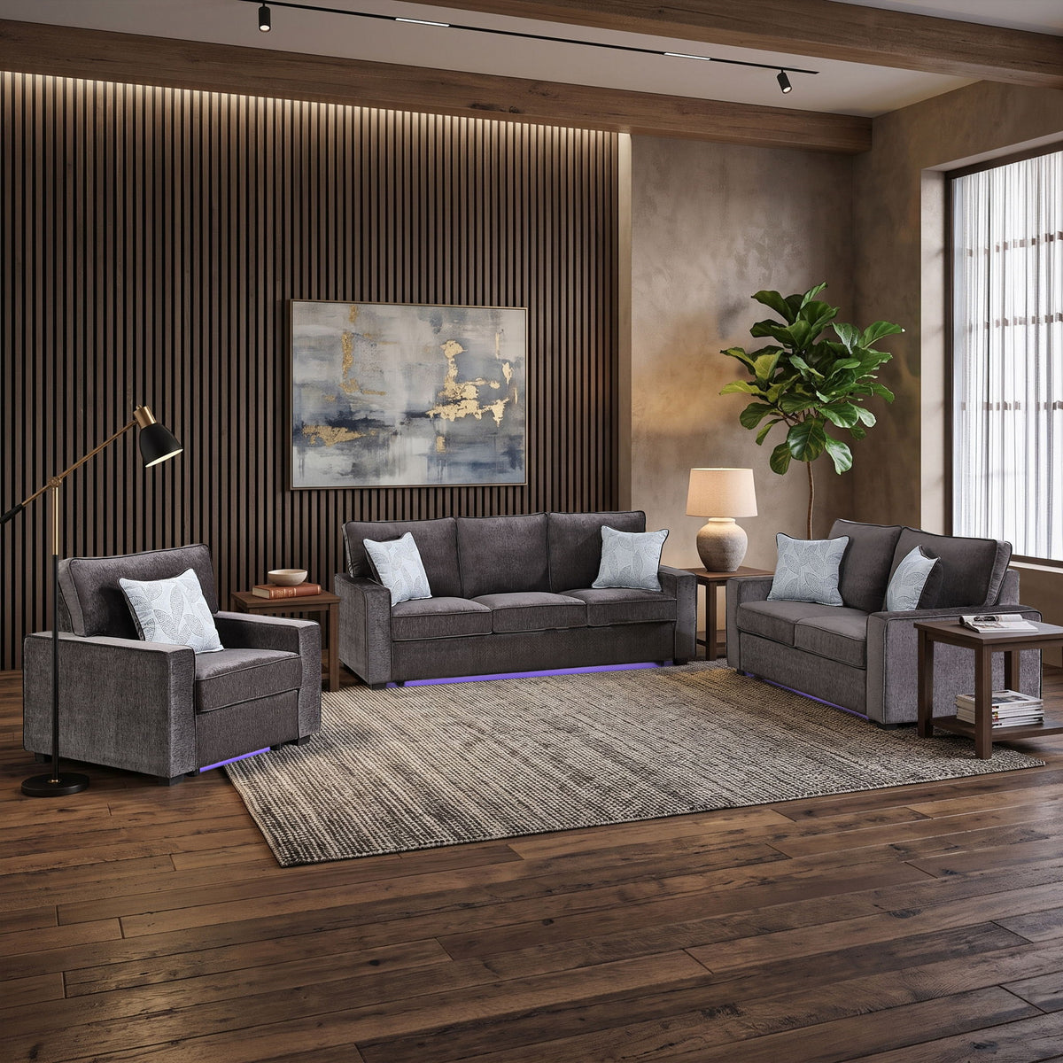 Gray 3-piece seating set: sofa, loveseat, and armchair with LED base light strip