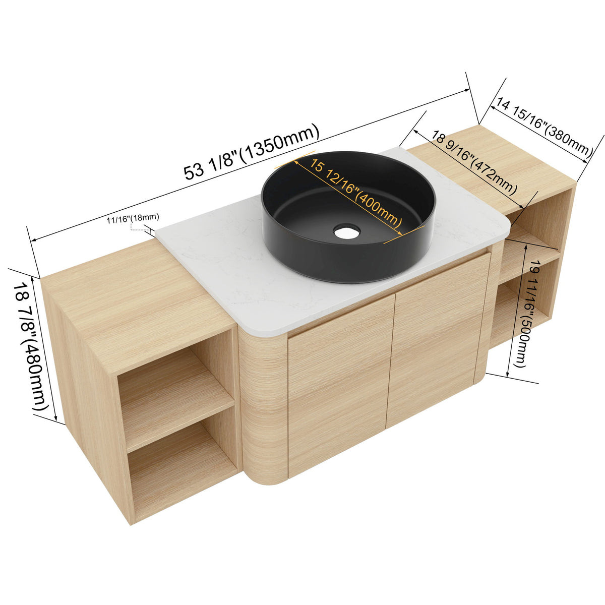 Bathroom vanity top view with round black sink and labeled size measurement arrows