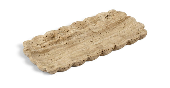 Beige travertine tray with scalloped rim and speckled natural stone pattern