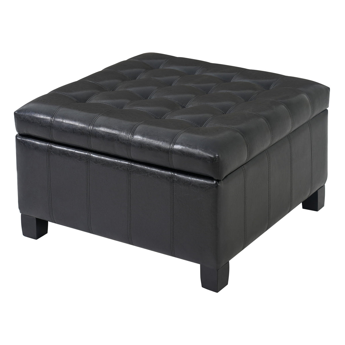 Black tufted lift-top storage ottoman with hinged lid and square padded top