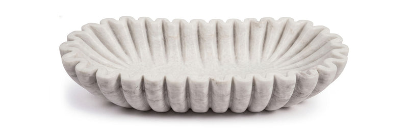 Decorative round bowl with vertical ribbed texture, light gray finish.