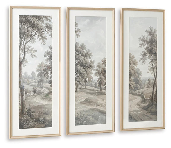 Set of 3 framed landscape prints featuring trees and light gray curving roads