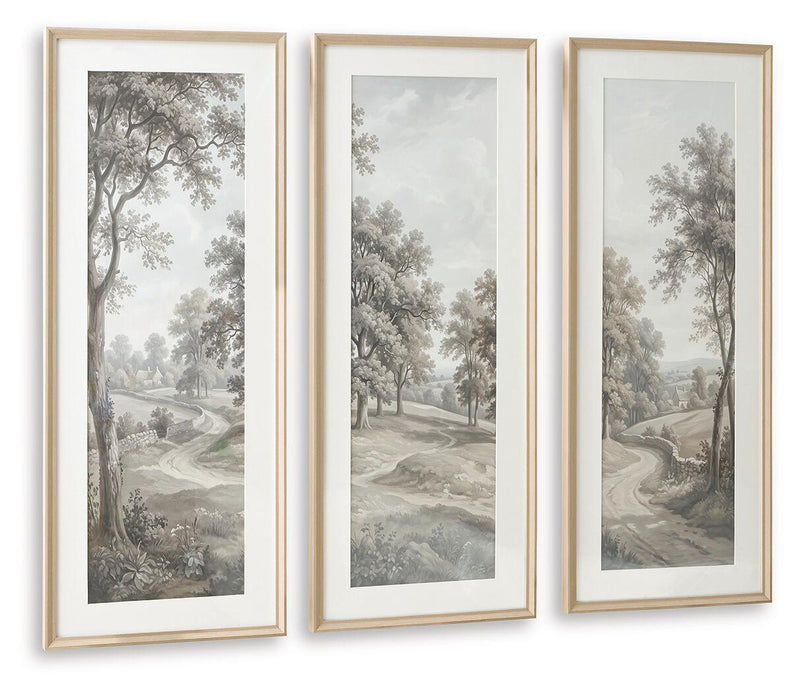 Set of 3 framed landscape prints featuring trees and light gray curving roads