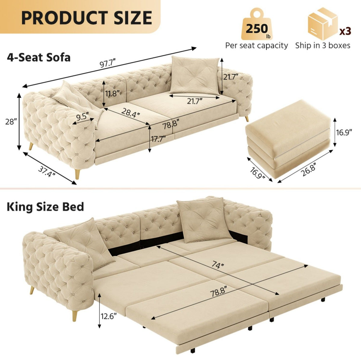 Beige convertible sleeper sofa in bed and sofa layouts with tufted arms and back