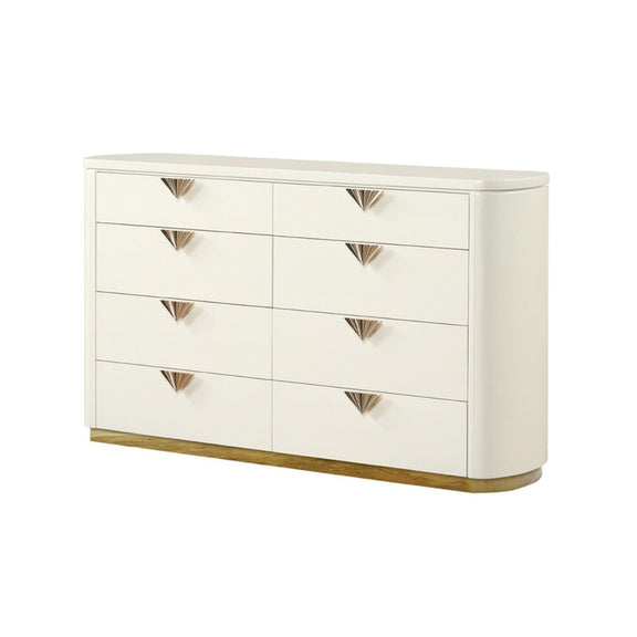 Beige 6-drawer dresser with gold-tone triangular drawer pulls and curved base