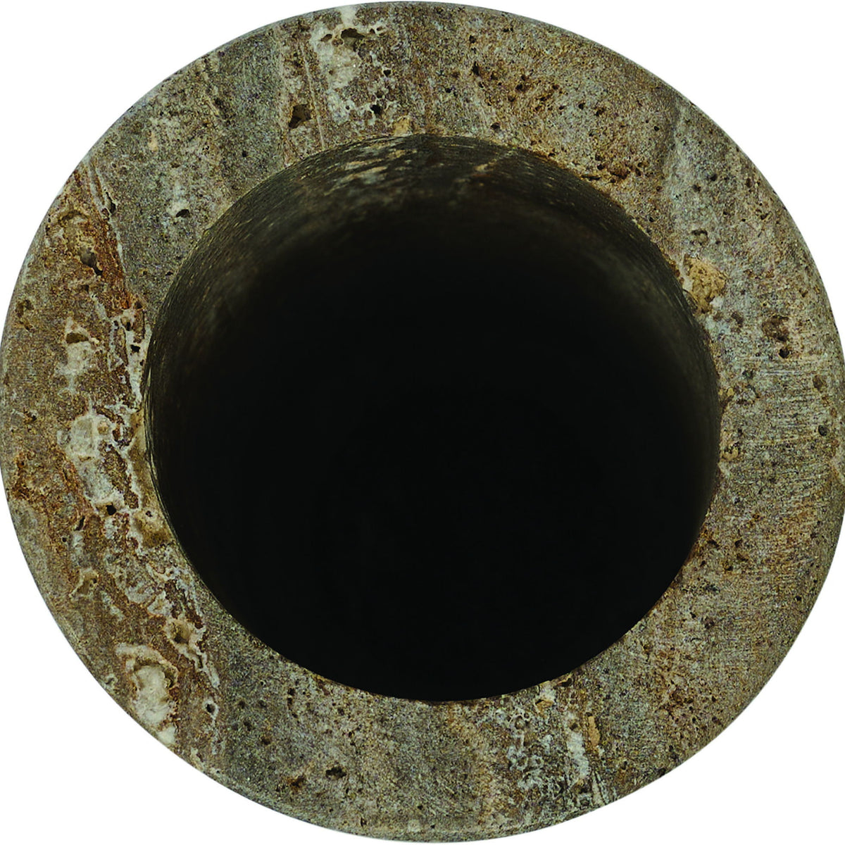 Green travertine vase top view with dark interior opening