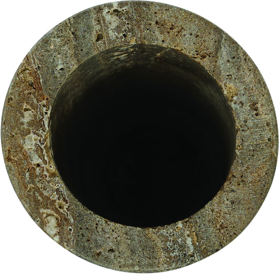 Green travertine vase top view with dark interior opening