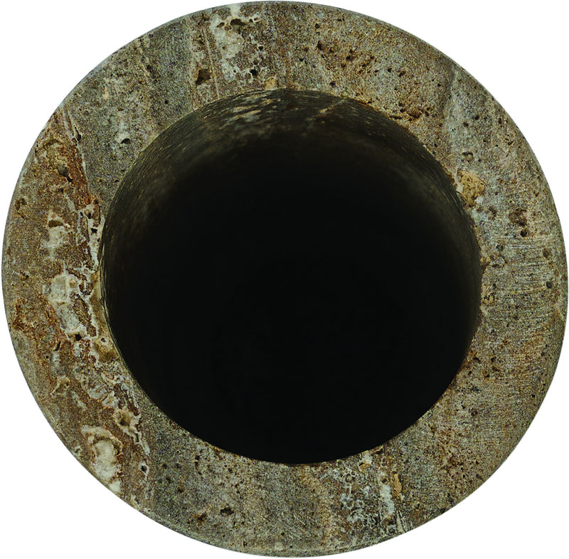 Green travertine vase top view with dark interior opening