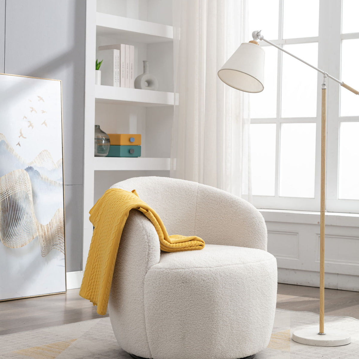 Teddy Fabric Swivel Accent Armchair Barrel Chair With Powder Coating Metal Ring