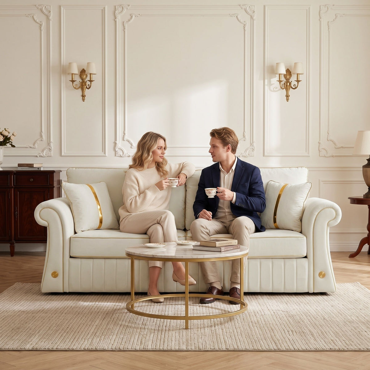 Cream three-seat sofa with rolled arms and gold-trimmed pillows, shown with two seated people