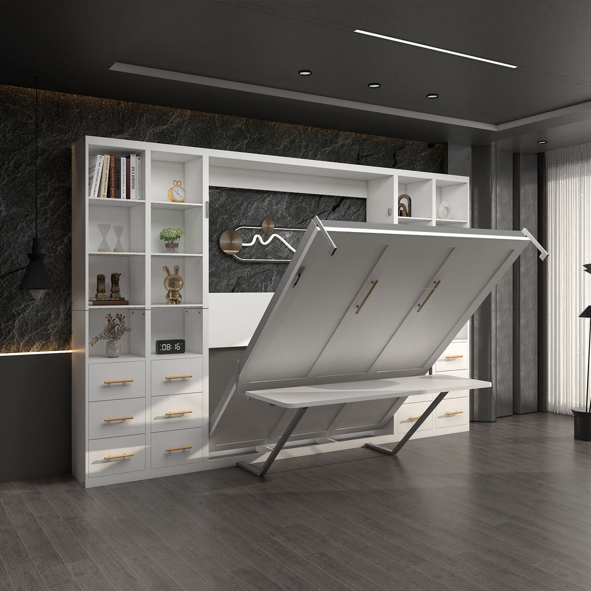 Vertical Murphy wall bed open with folded frame and shelving storage, white cabinet, dark room view.