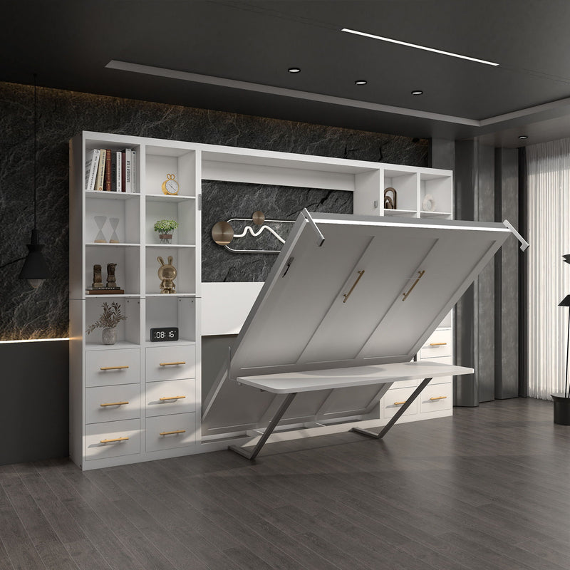 Vertical Murphy wall bed open with folded frame and shelving storage, white cabinet, dark room view.