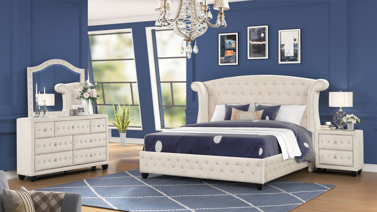 Upholstered bedroom set with tufted bed, nightstand, dresser, and mirror in light upholstery.