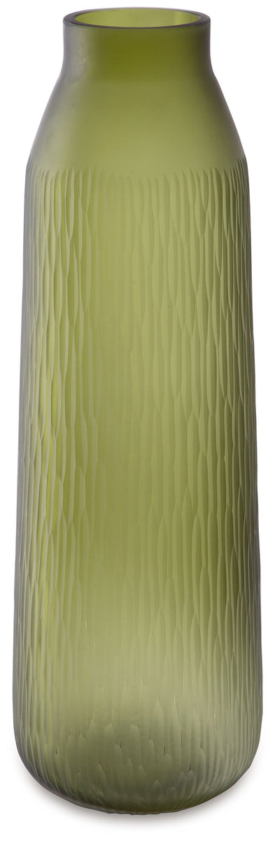 Olive green ribbed glass vase with a narrow neck and flared rim, 17 in