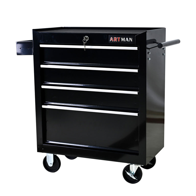 Black tool cart with multiple drawers, sliding shelves, and four caster wheels
