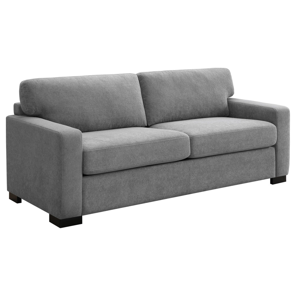Gray fabric sleeper sofa with two seat cushions, rounded arms, and low black feet
