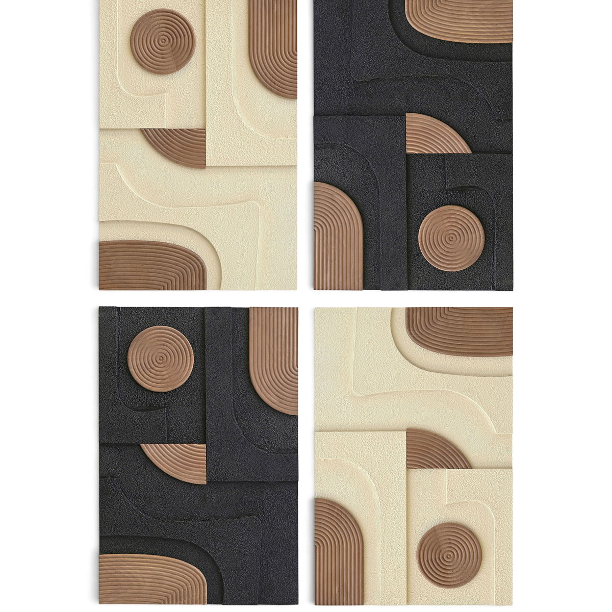 4-piece wood wall art with beige and dark panels, featuring layered spiral round inlays