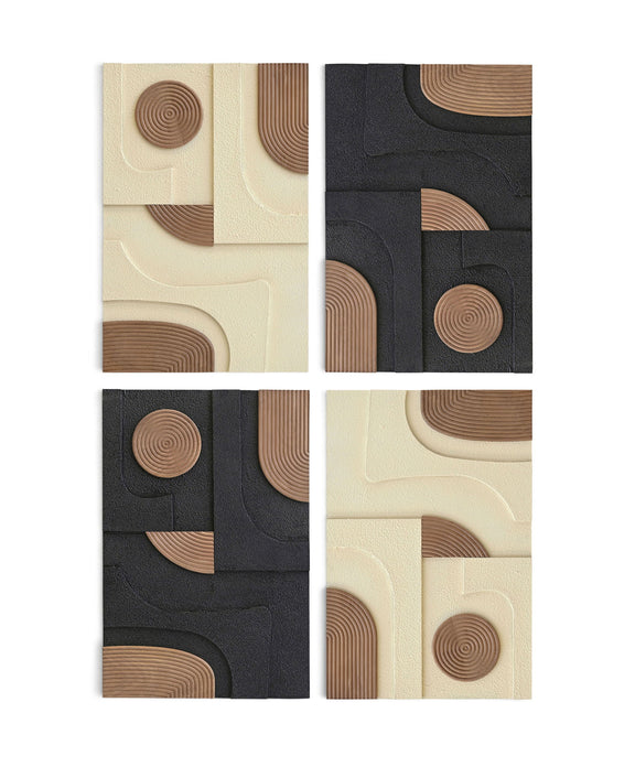 4-piece wood wall art with beige and dark panels, featuring layered spiral round inlays