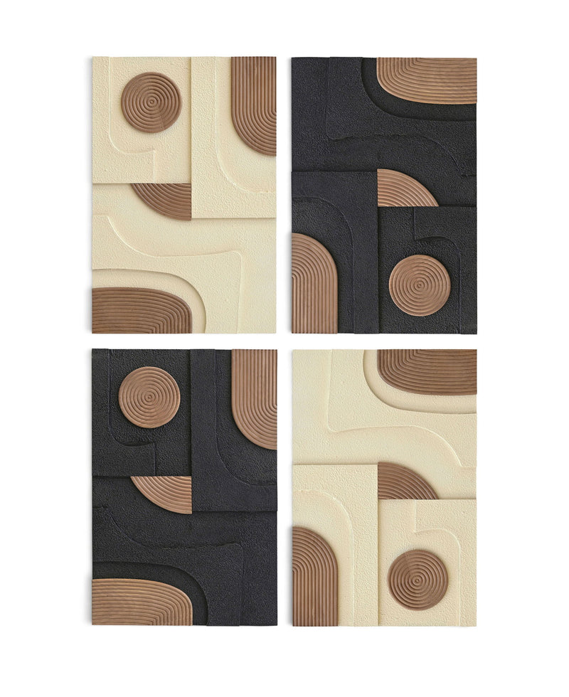 4-piece wood wall art with beige and dark panels, featuring layered spiral round inlays