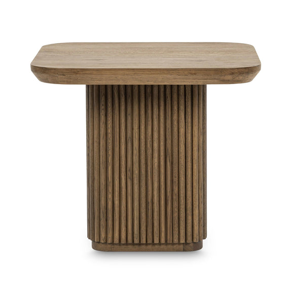 Cream washed solid wood square end table with rounded top and vertical slat pedestal